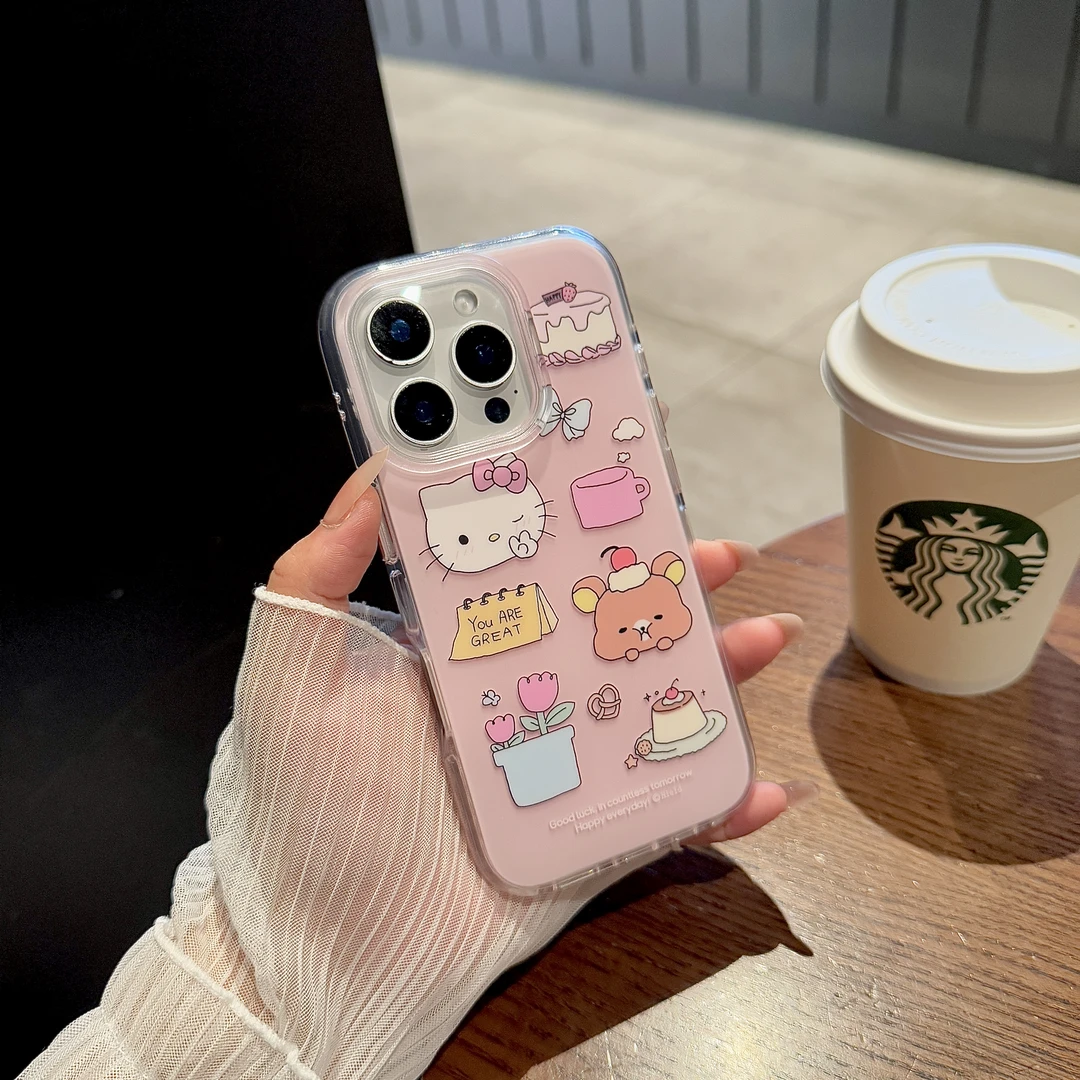 韩系ins风粉色郁金香比耶Kitty猫适用iPhone16苹果14手机壳13软15