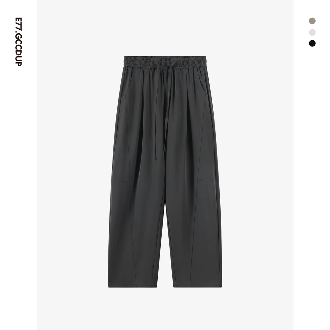 夏季阔腿抽绳百搭休闲裤简约宽松设计感高级感男装时尚长裤5613