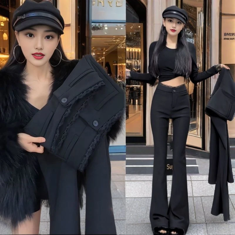 黑色秋冬加绒微喇西装裤女设计感蕾丝拼接高腰裤弹力修身拖地长裤