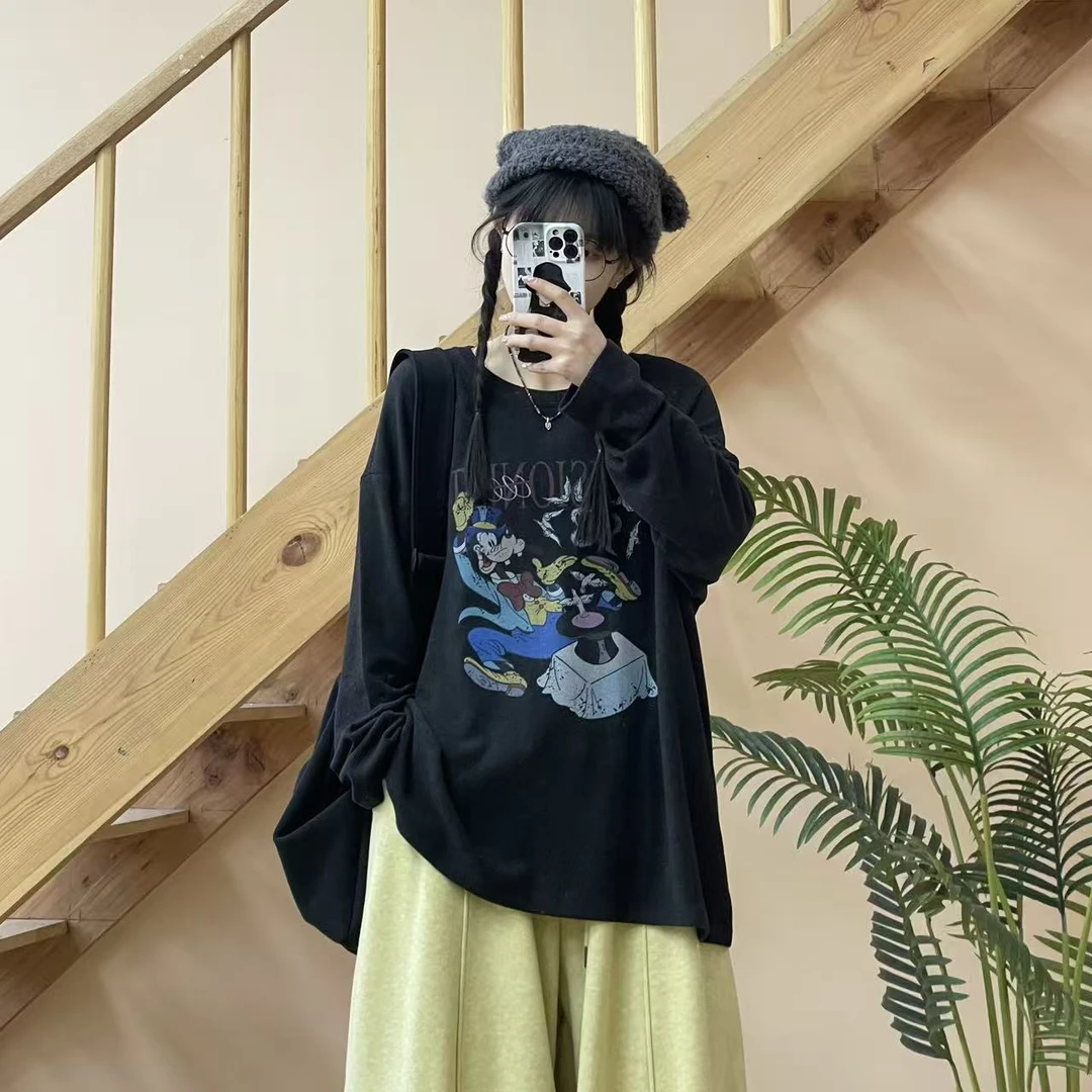 冬季新款简约慵懒风卡通圆领款磨毛加厚长袖T恤73364款