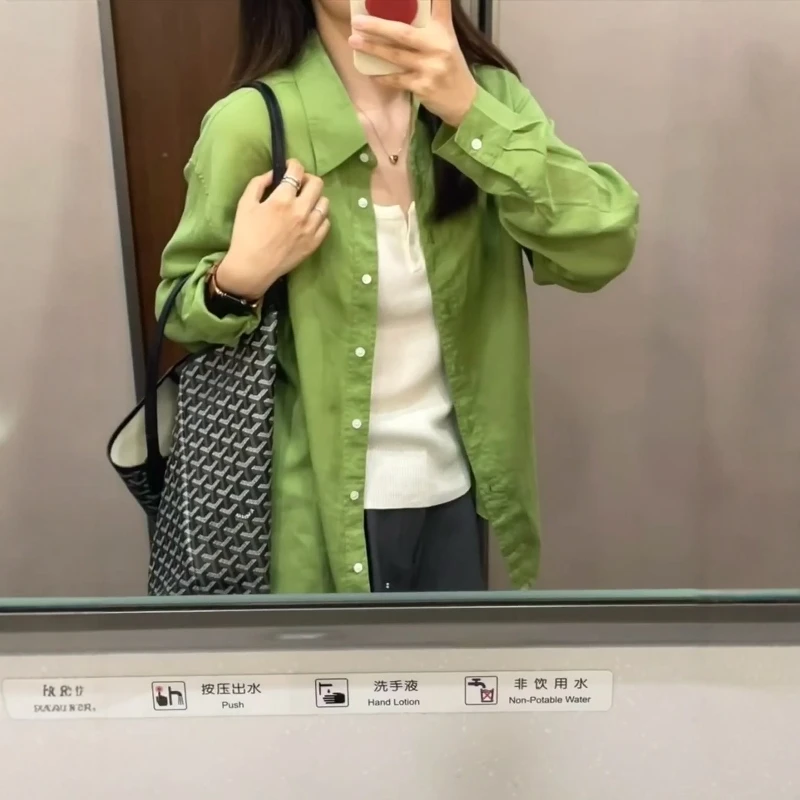 韩系绿色薄款高级感翻领长袖衬衣女2025秋冬新款宽松百搭开衫外套