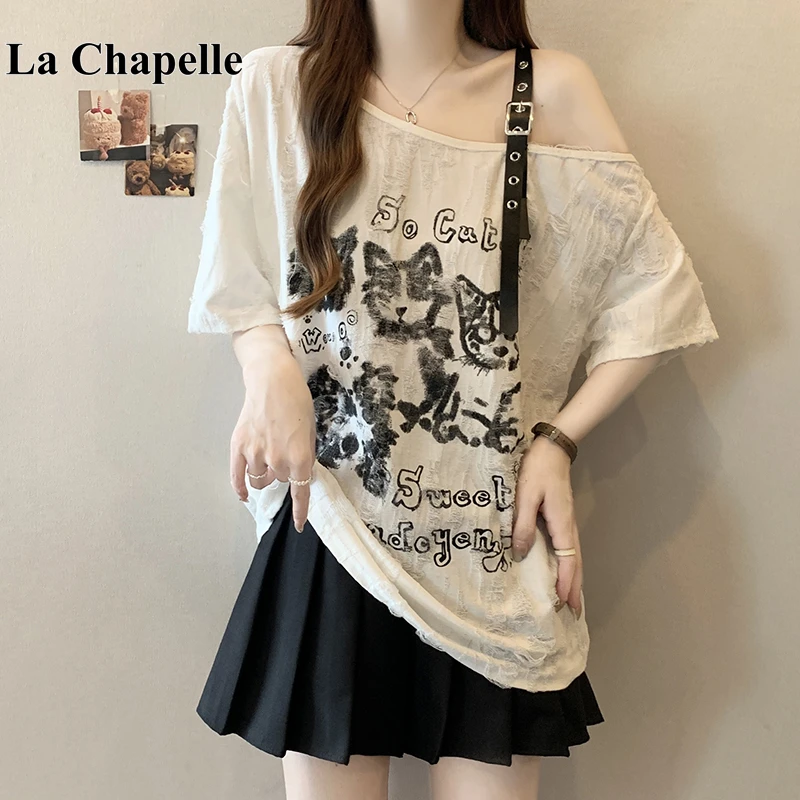 拉夏贝尔大码美式复古斜肩短袖打底衫女夏胖妹妹显瘦印花宽松上衣