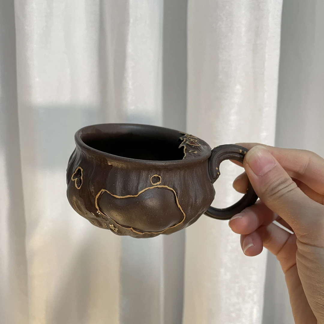 紫砂莲蓬主人杯 把手荷叶杯子 约150毫升 纯手工创意茶杯