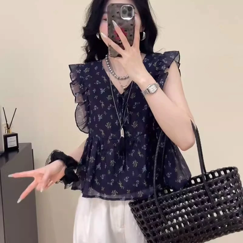 短袖碎花荷叶花边衬衫女2025夏季新款显瘦气质爆款小衫衬衣上衣潮