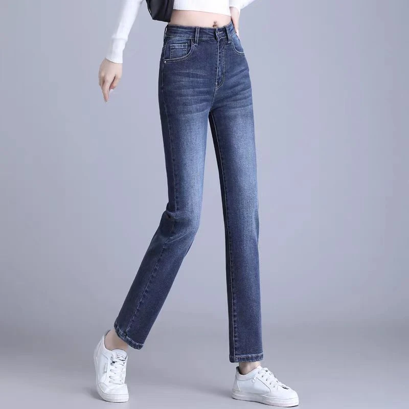 百搭直筒牛仔裤女宽松高腰九分裤弹力春秋季大码小个子烟管裤子