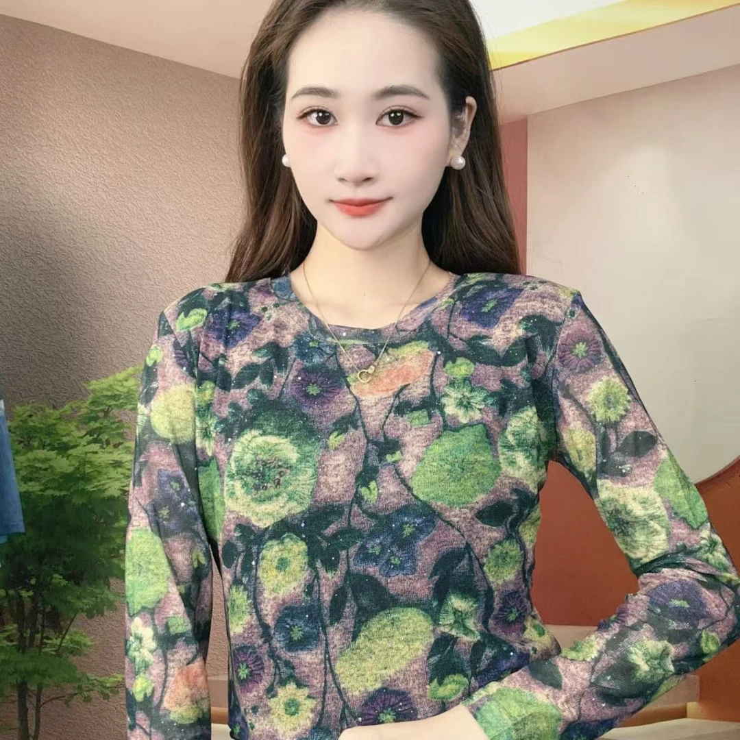 2025秋冬季新款时尚百搭显瘦气质肌肤纱长袖圆领T恤印花上衣A524