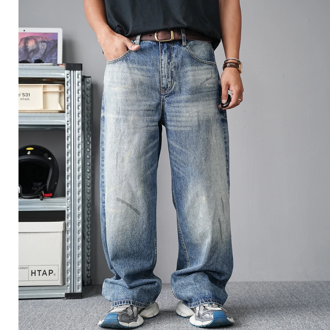 美式休闲痞帅重工水洗复古泼墨牛仔裤男直筒宽松高街阔腿老爹长裤