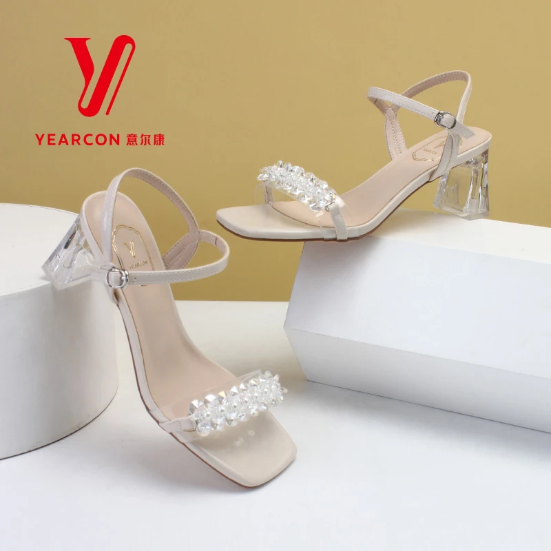 意尔康夏季女凉鞋一字带仙女风粗跟百搭外穿时尚中后空凉鞋12112U