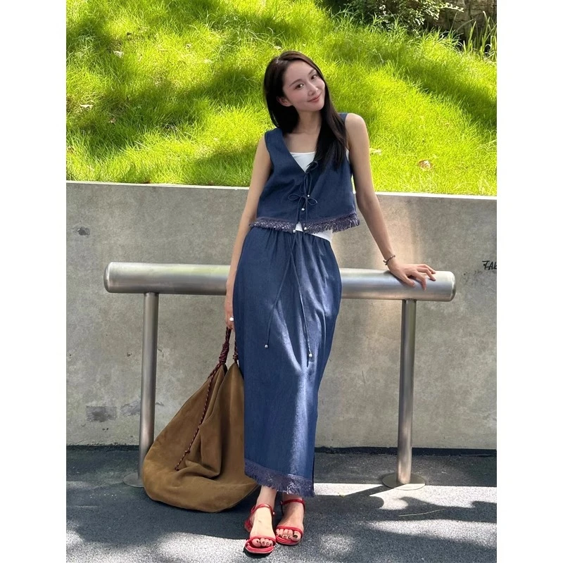 港味牛仔亚麻套装女夏季新款美式复古百搭短款无袖马甲长裙两件套