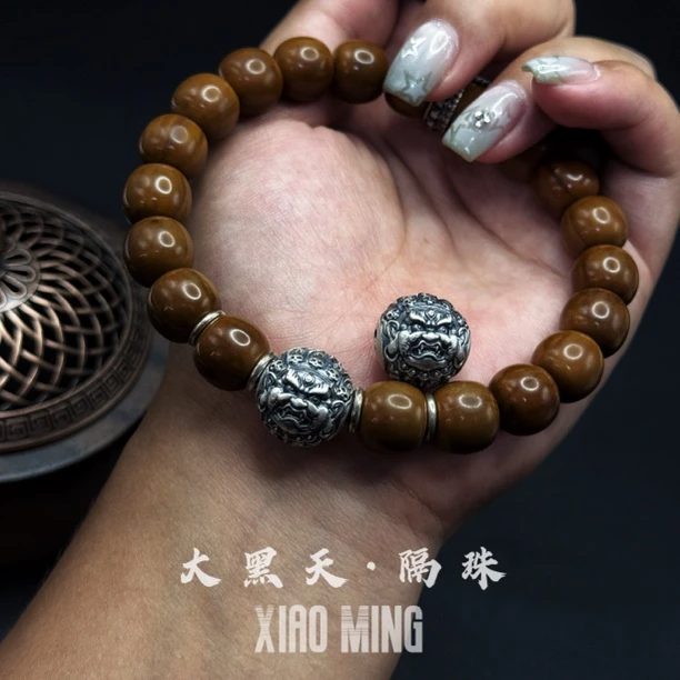 925银银制品 做旧藏风大黑天圆珠手串搭配顶珠主珠猴头凤眼搭配