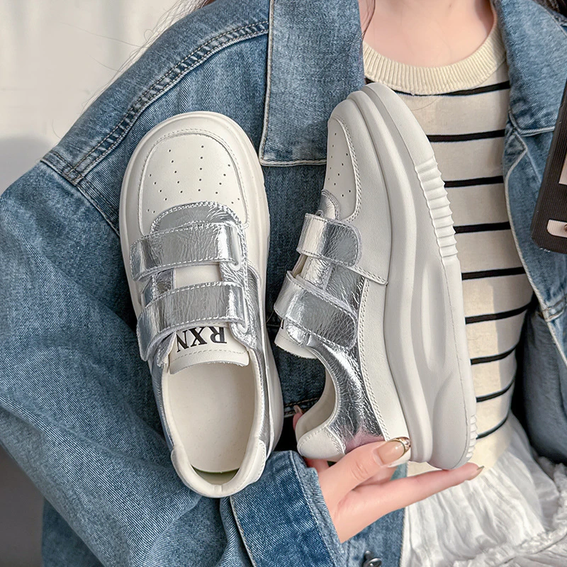 2025春季新款头层牛皮板鞋魔术贴厚底休闲鞋百搭小白鞋女真皮女鞋