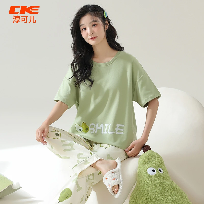 睡衣女士ins风纯棉短袖长裤夏季可爱甜美绿色日系软妹家居服套装