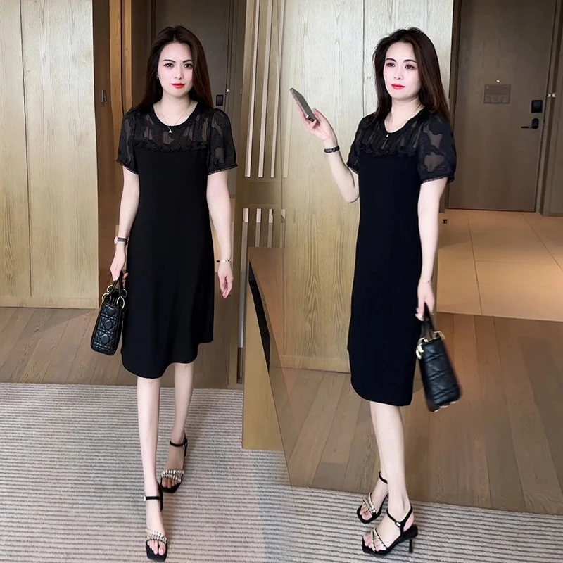 镂空遮肚黑色a字连衣裙女夏2025新款轻奢气质显瘦小个子中长裙子