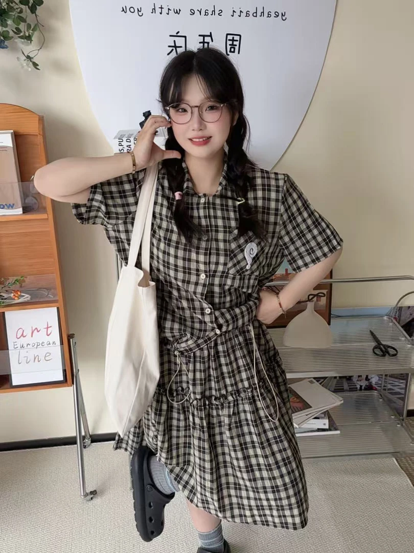 复古学院风绿色格子套装Polo领衬衫半袖＋半身裙子胖MM穿搭