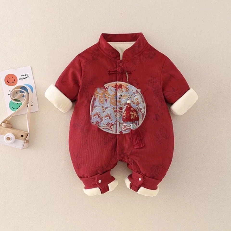 厚宝宝中式周岁礼服秋冬连体衣国风婴儿哈衣百天喜庆抓周连体