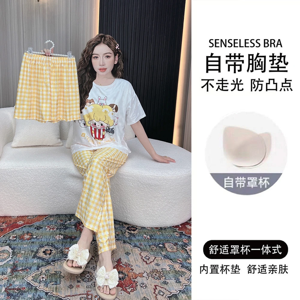 带胸垫夏季提花冰丝睡衣女短袖薄款三件套宽松卡通家居服套装夏天