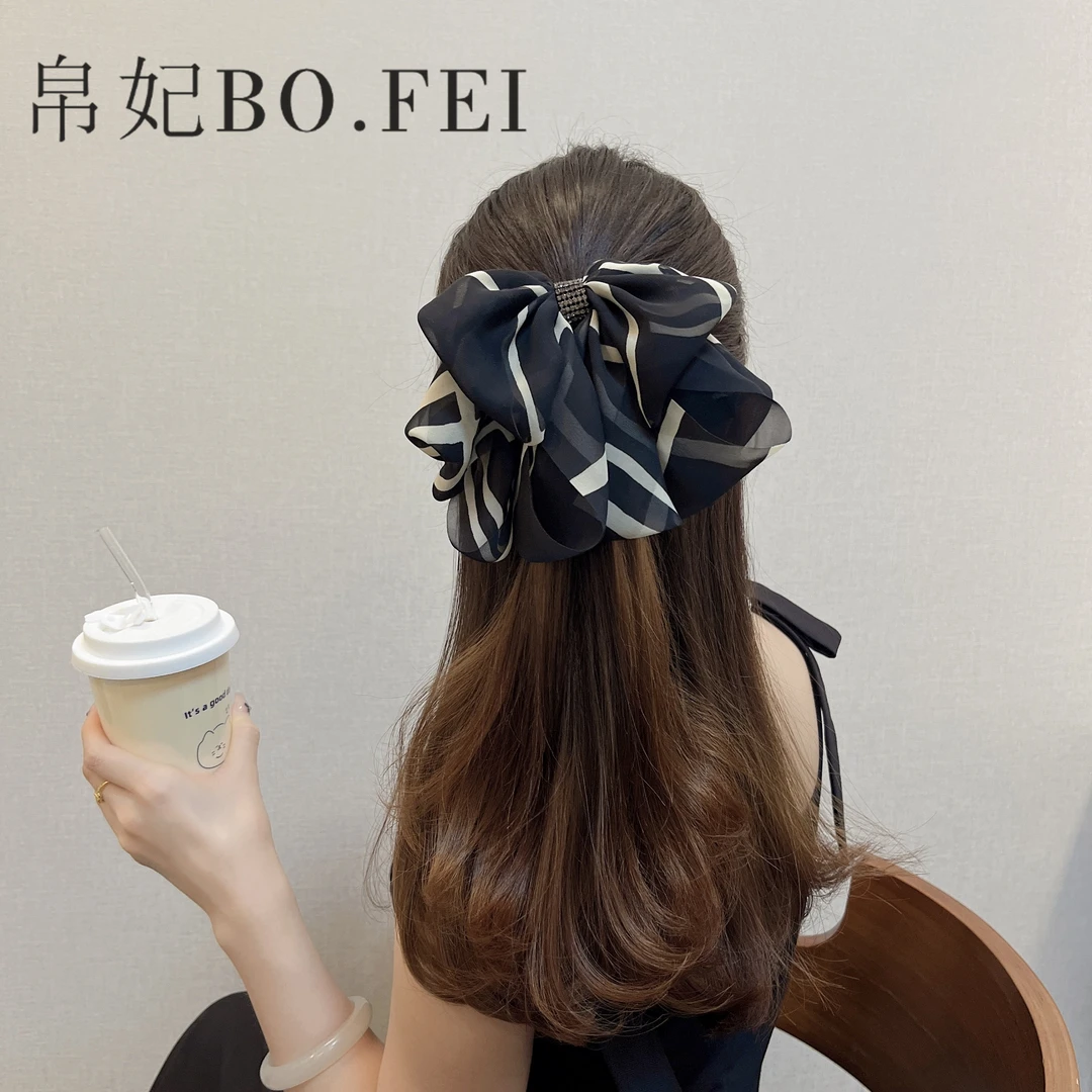 帛妃  韩版优雅黑色蝴蝶结法式纹理雪纺时尚百搭气质马尾发夹头