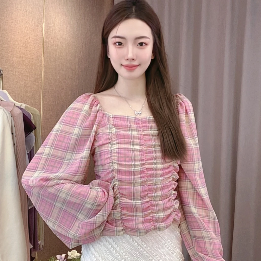 【SY】2025秋季薄款新款法式短款复古格子泡泡袖衬衫女小众短款上衣
