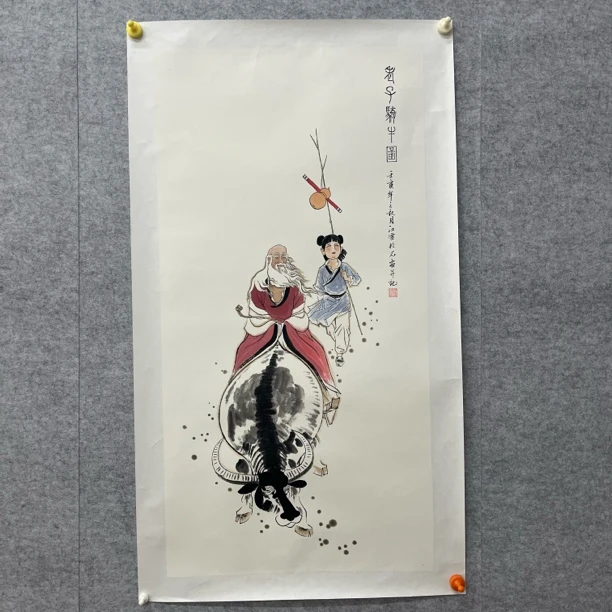 江老师纯手绘写意人物105.53《老子骑牛图》大三尺 托底