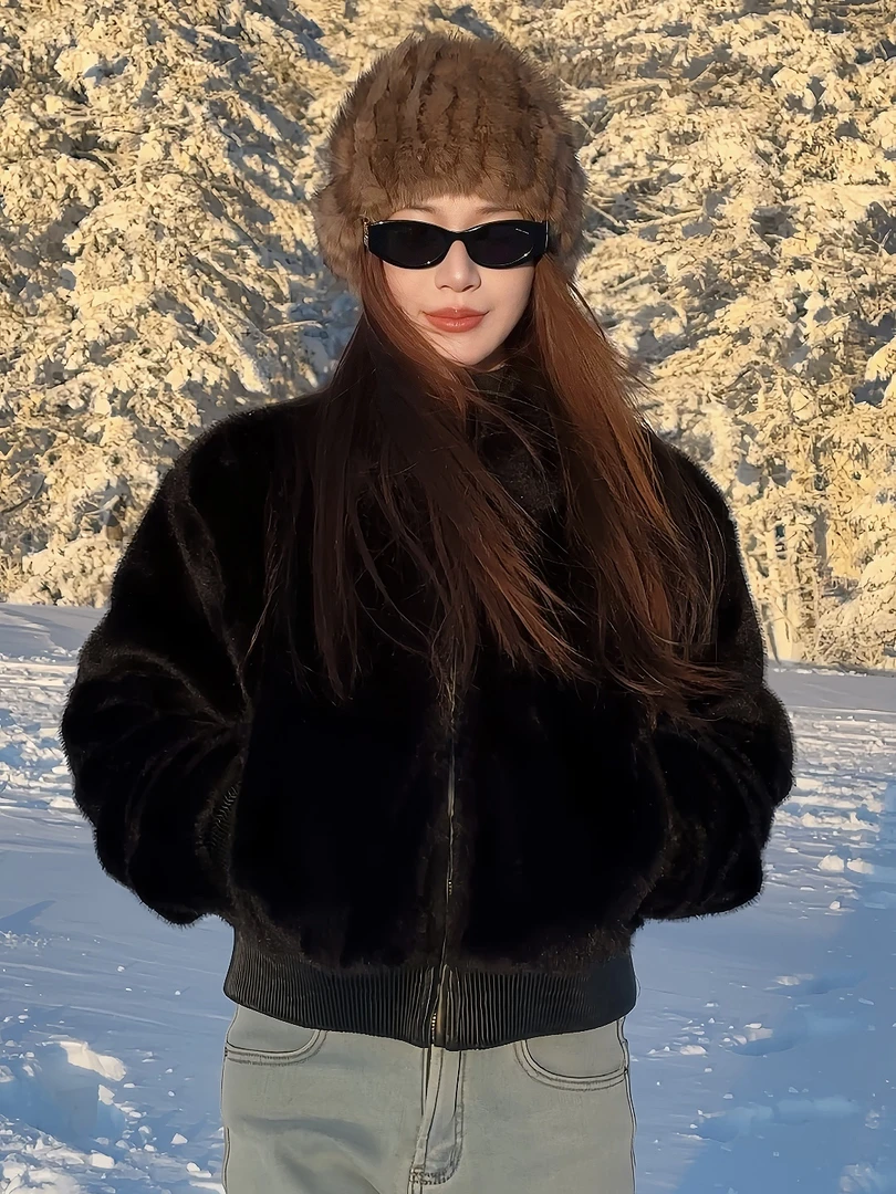 长白山布拉格 法式复古休闲环保毛短外套女翻领气质百搭