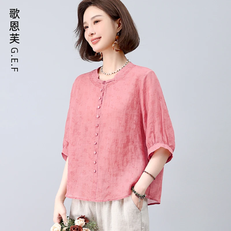 苎麻衬衫女夏季2025新款棉麻风上衣中年妈妈休闲洋气减龄漂亮小衫