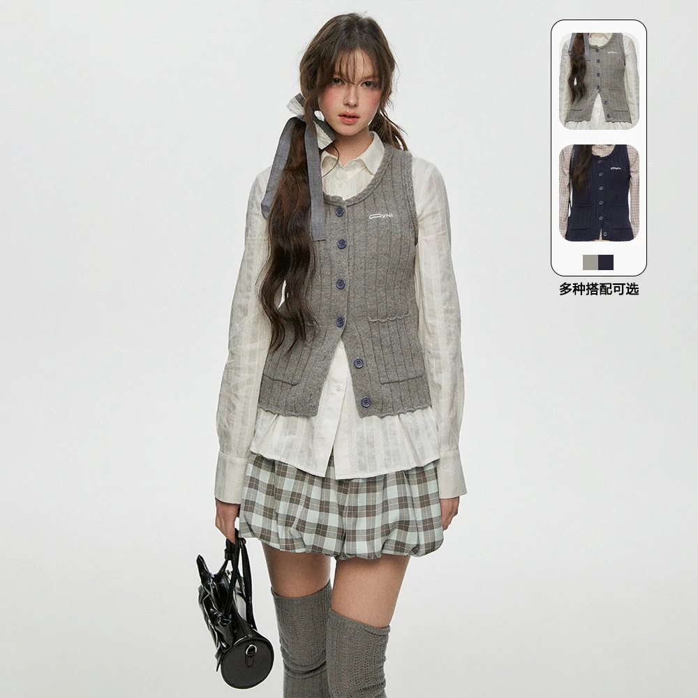 CyNi 复古简约修身显瘦圆领麻花边针织背心无袖马甲女新款o