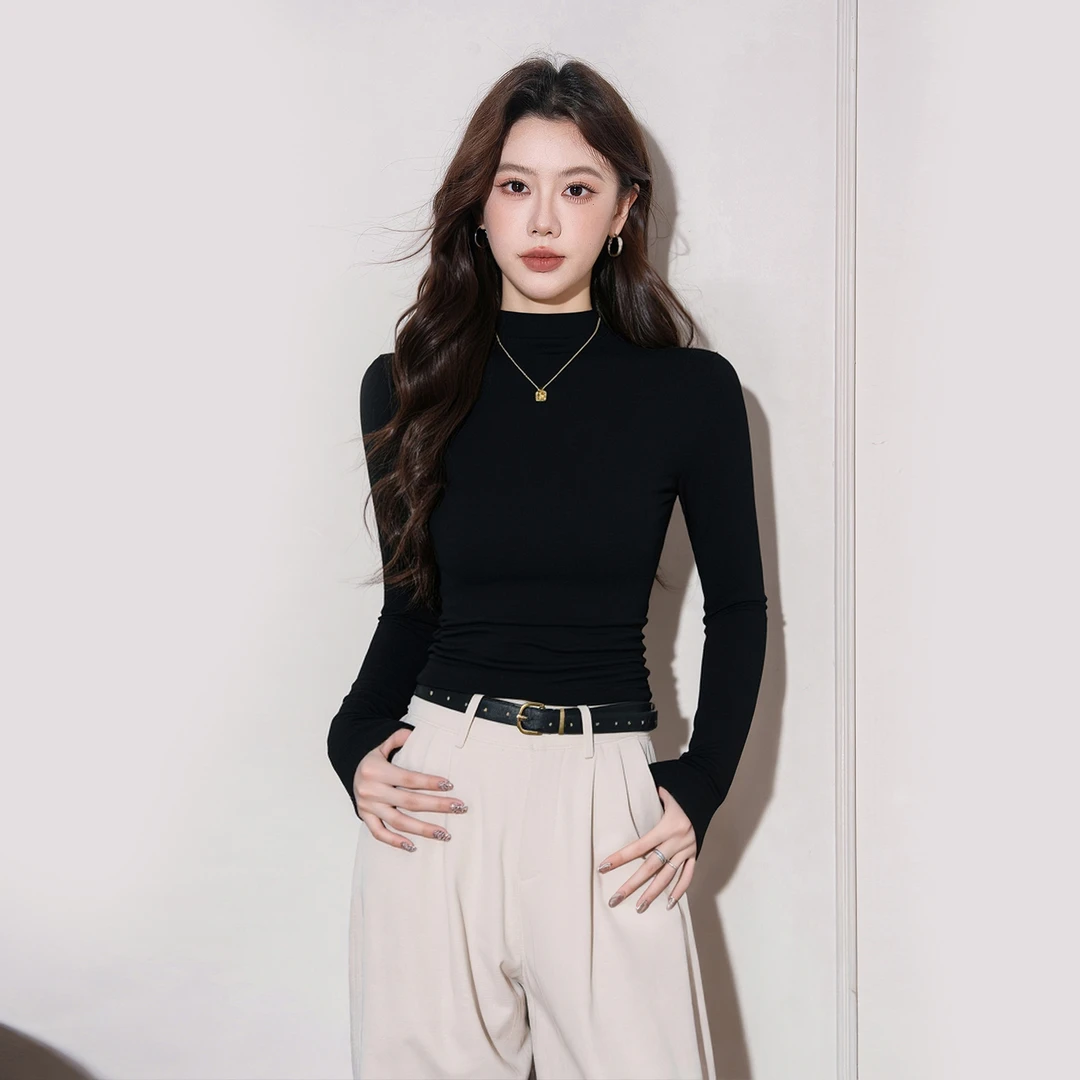 半高领褶皱长袖T恤女2025新款设计感收腰盖肚脐修身打底衫上衣