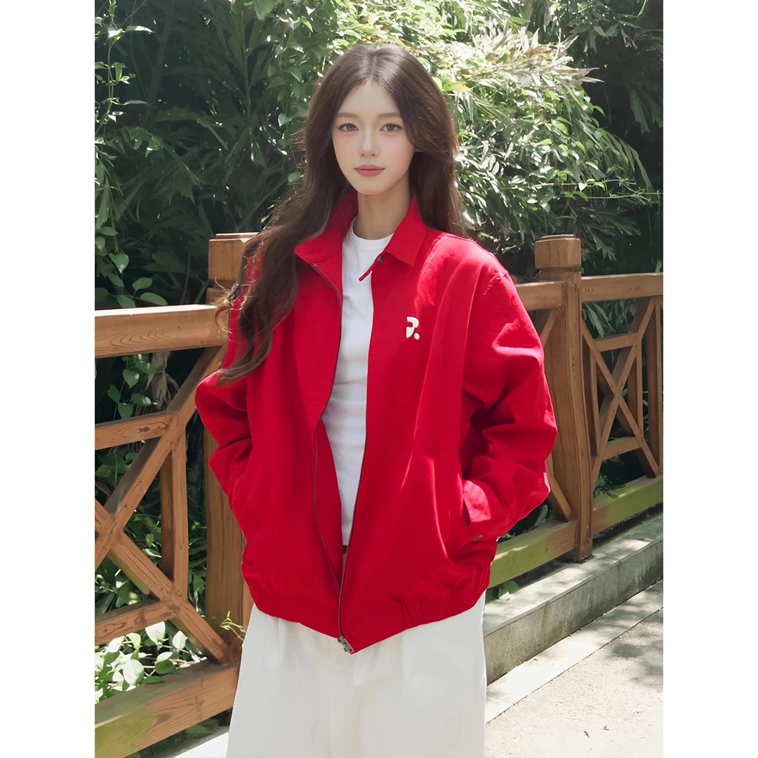 美式红色哈灵顿夹克外套男女秋季高级感短款情侣翻领休闲棒球服