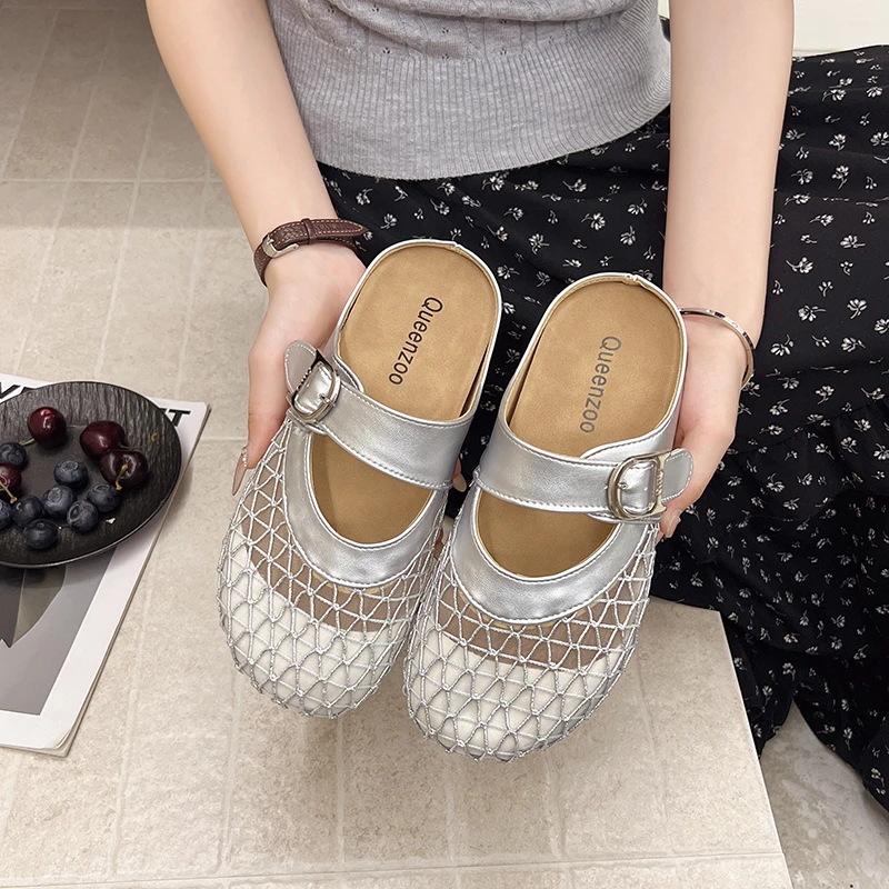 法式包头半拖鞋女2025新款夏季外穿时尚镂空编织罗马勃肯凉拖鞋女