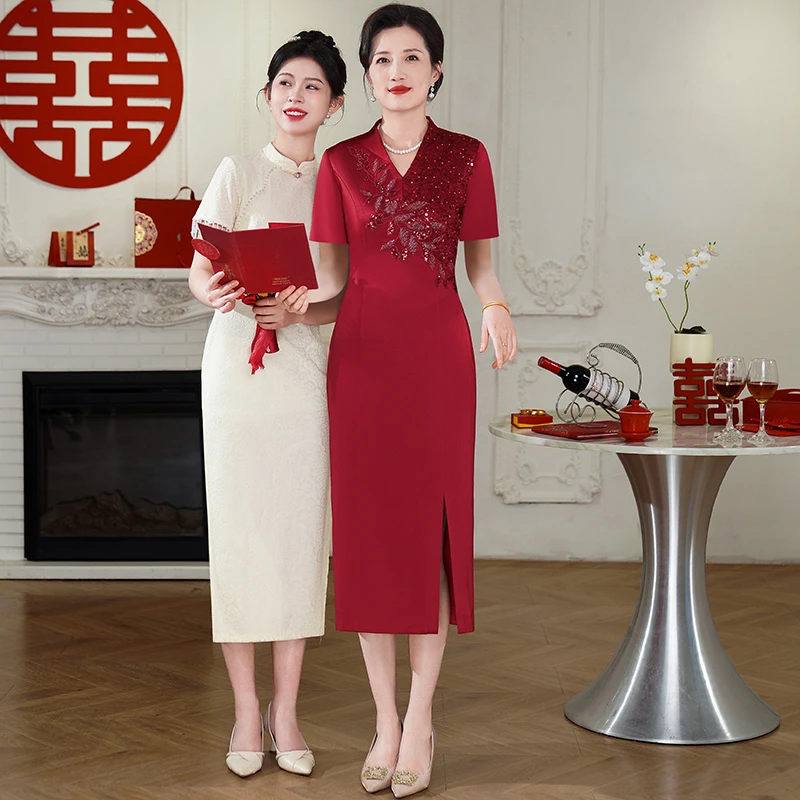 53001婚宴妈妈礼服婚礼平时可穿高贵年轻喜婆婆结婚喜服连衣裙