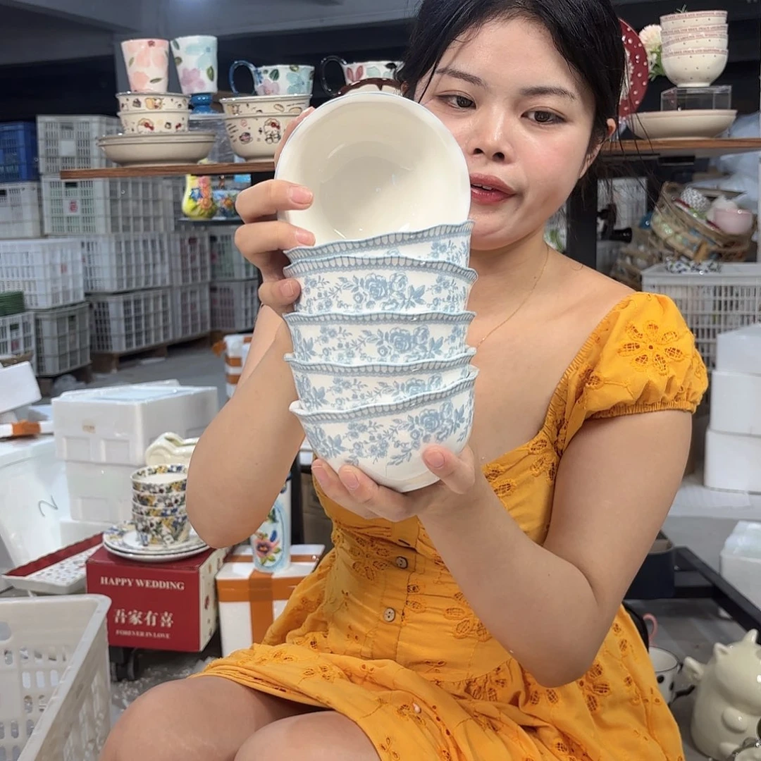 瓷微瑕陶瓷餐具釉下彩4.5寸碗6个
