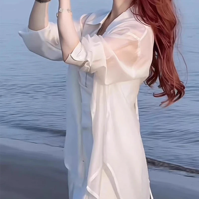 高级感法式冰丝防晒衬衫女夏薄纱上衣配吊带裙外搭小披肩空调罩衫