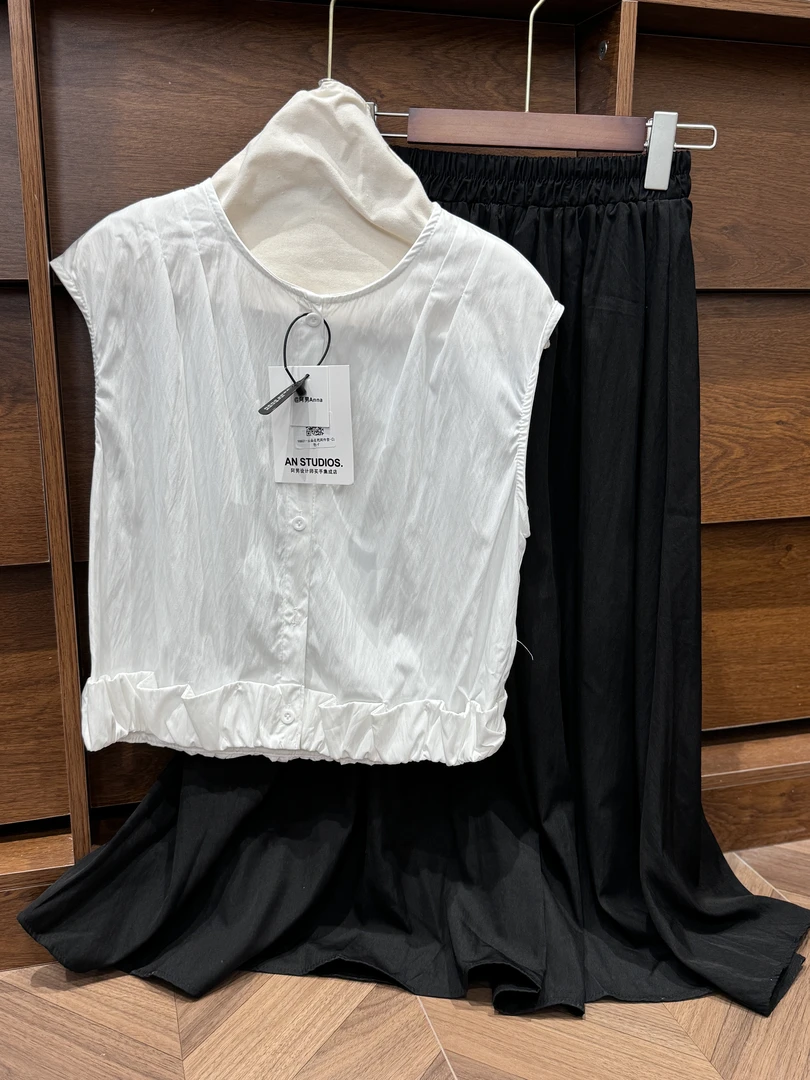 「阿男Anna」云朵花苞  韩系木耳边拼接黑色半裙两件套313-98831