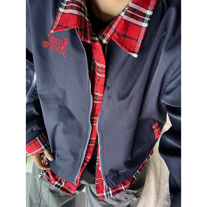 S21 潮牌格子拼接假两件夹克外套男女美式复古刺绣情侣棒球服