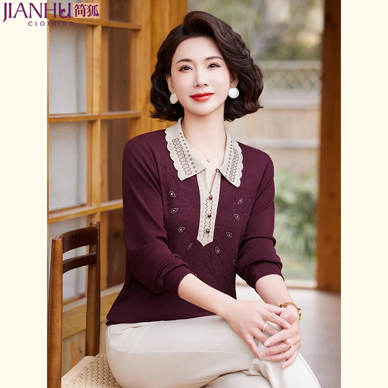 中年妈妈春装针织衫2025新款洋气薄款毛衣中老年女装T恤打底上衣