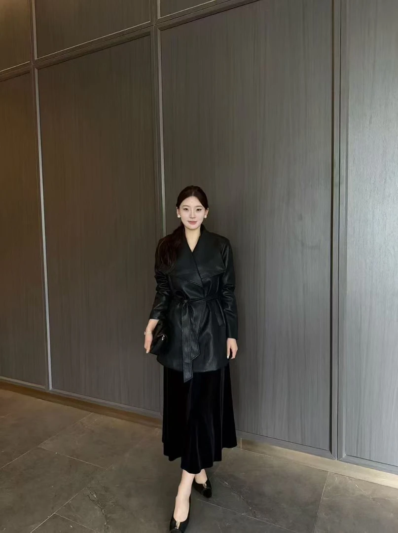 【钰姐精选】非873-翻领收腰显瘦中长款PU外套气质时尚系带百搭