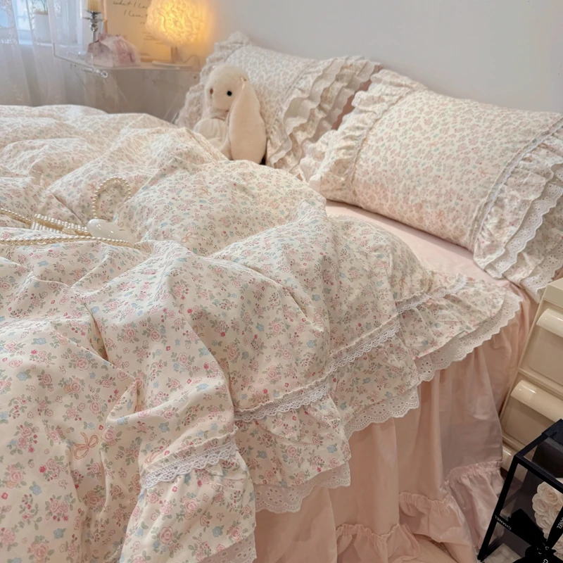 仙女床上四件套100%全棉田园碎花公主风花边床裙被套纯棉韩式床品