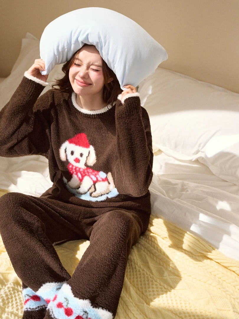 Sugar NaNa 秋冬女款圣诞小狗加绒休闲家居服半边绒套装
