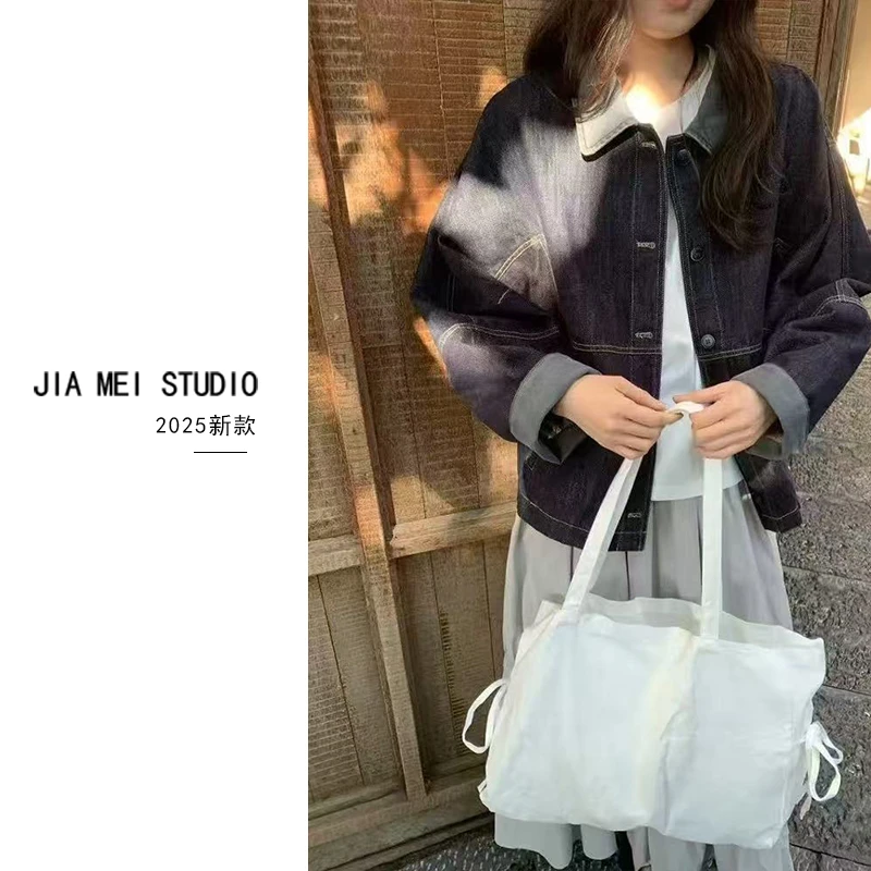 Z023撞色牛仔外套女2025春季新款短款宽松廓形夹克上衣韩版ins