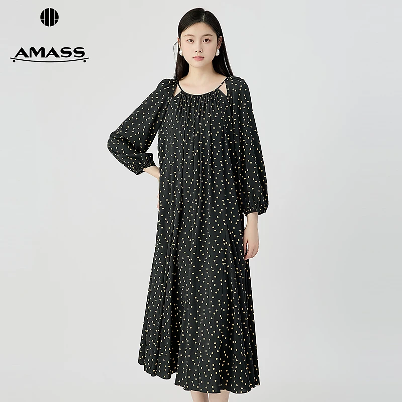 阿玛施AMASS 复古气质法式波点圆领宽松垂感连衣裙附内搭550012