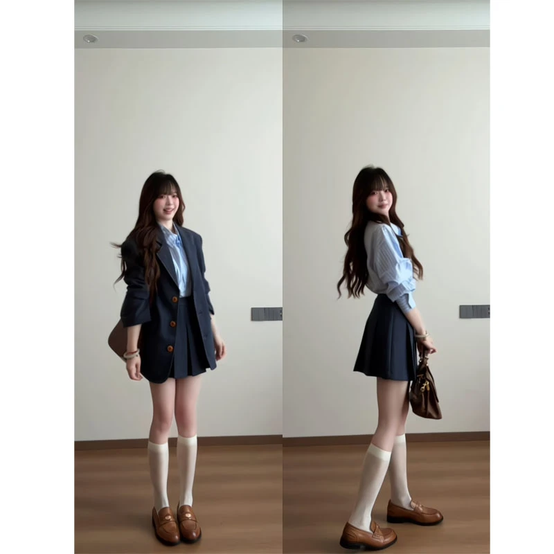 一整套入秋穿搭设计感小众韩系炸街廓形西装外套百褶半身裙两件套