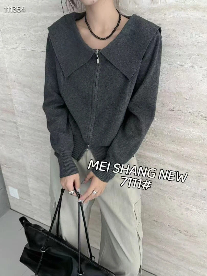 海军领毛针织衫秋季上衣翻领时尚开衫针织毛衣