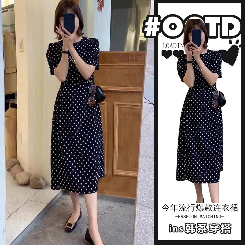 2025春夏新款波点连衣裙女法式高级感收腰显瘦赫本中长款小黑裙子