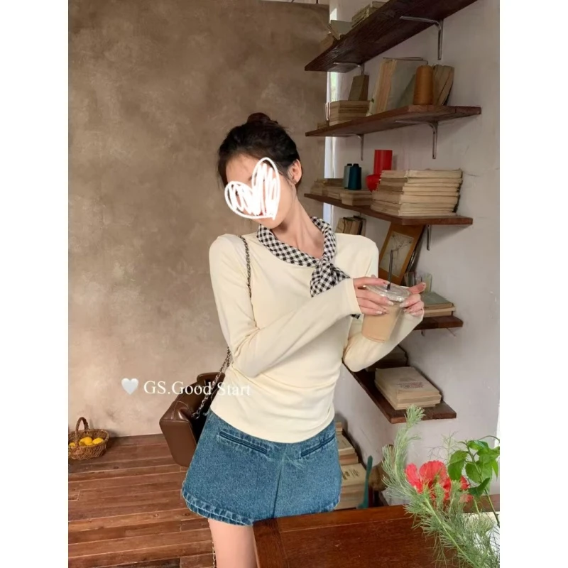 女心泛滥～早秋上新甜美减龄格子领结休闲小衫女