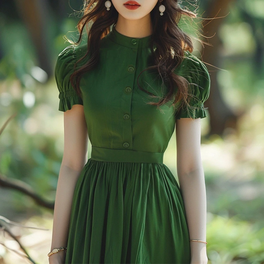 绿色连衣裙夏季女装高端精致温柔御姐风收腰显瘦法式气质绝美长裙