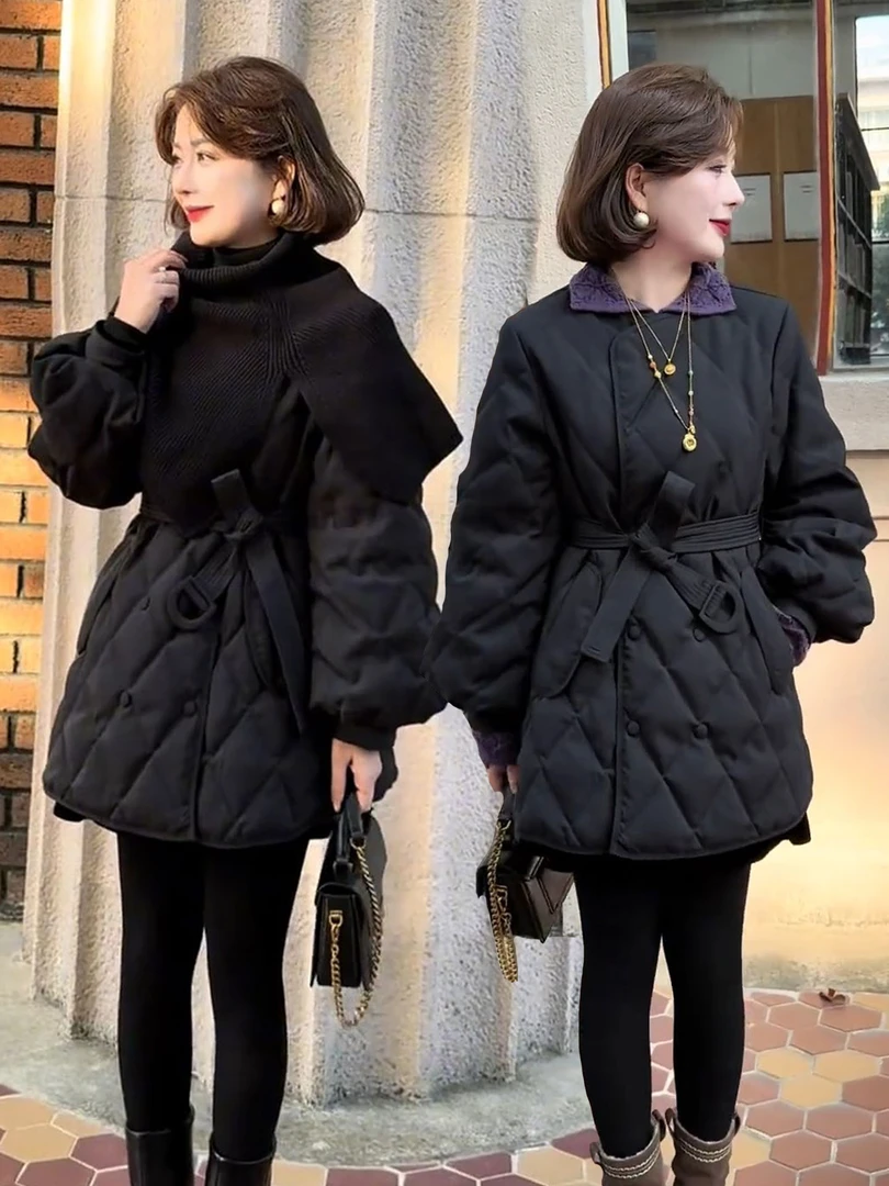 2025年新款女装冬季修身收腰中长款羽绒服女黑色西装领外套菱形格