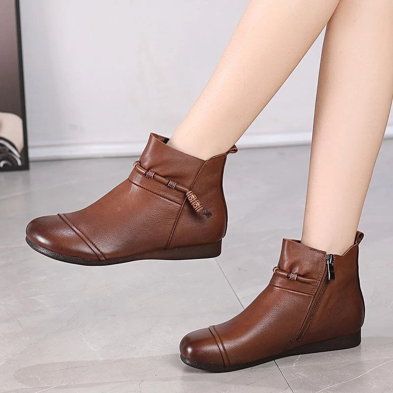 【万达撤柜】真皮软底短靴妈妈鞋中老年平底防滑秋季单靴女棉鞋冬