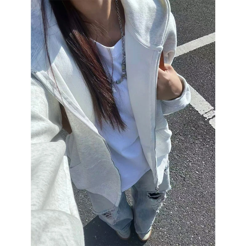 白花灰美式复古连帽卫衣男女同款秋冬双拉链光板情侣开衫连帽卫衣