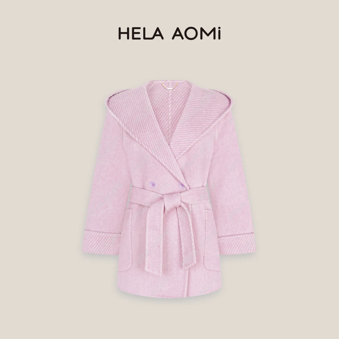 HELA AOMI“芋泥千层”绵羊毛95%骆驼绒连帽一手长大衣CY5DN08109