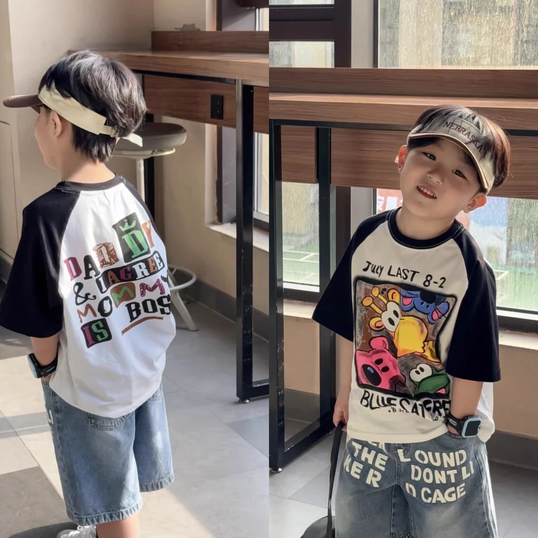 趣味动物园~男童韩版短袖t恤2025新款撞色拼接夏季儿童装洋气上衣
